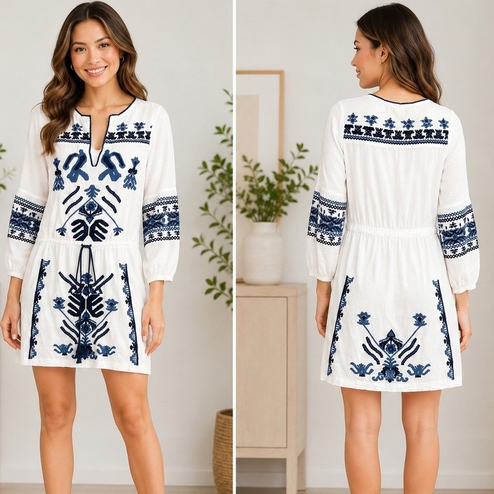 Free People Anouk Embroidered Dress Small White Boho Drawstring Peasant Tribal